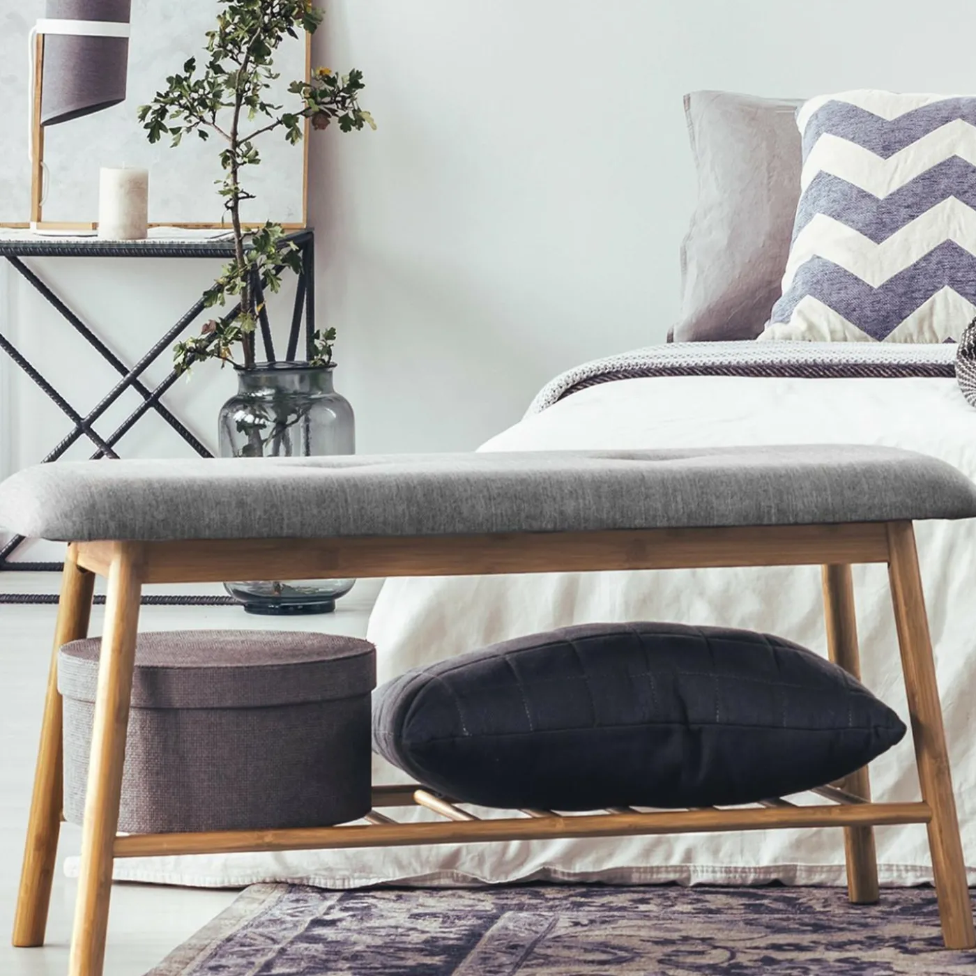 Banc bambou tissu gris style scandinave