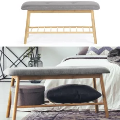 Banc bambou tissu gris style scandinave