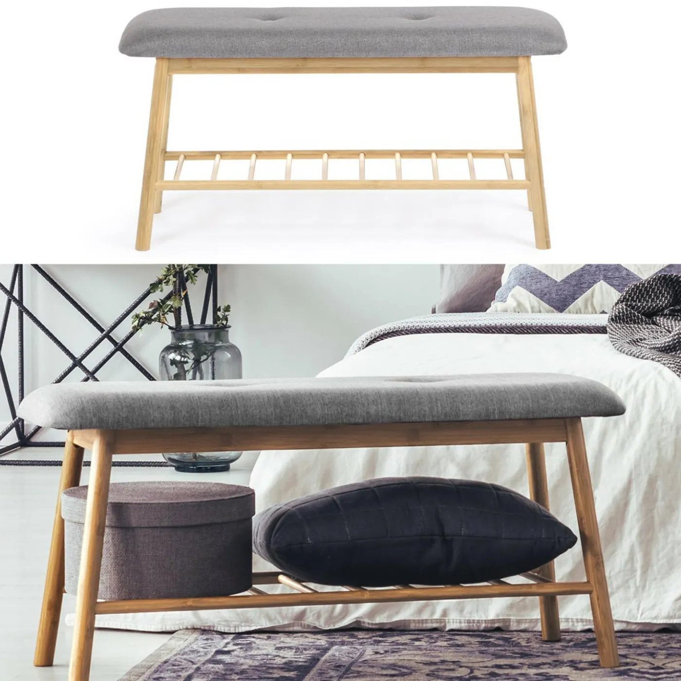Banc bambou tissu gris style scandinave