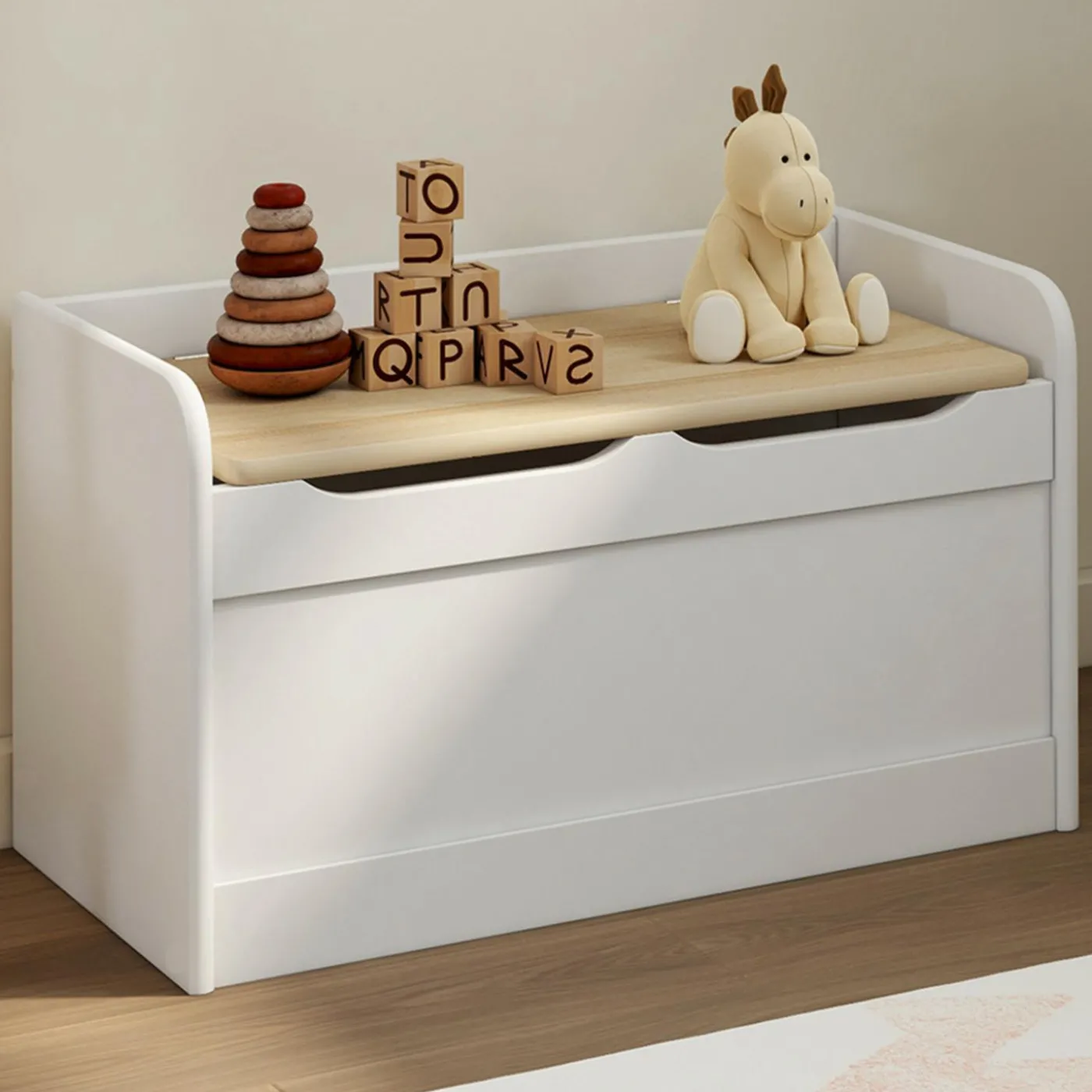 Banc coffre de rangement enfant 60 cm en bois blanc et hêtre