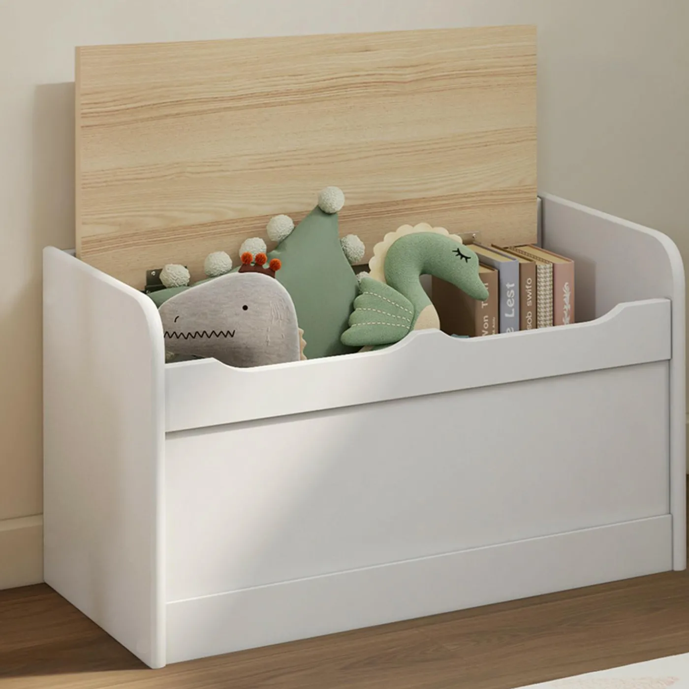 Banc coffre de rangement enfant 60 cm en bois blanc et hêtre