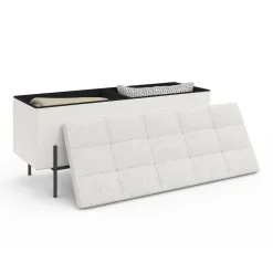 Banc coffre rangement pieds métal noir 100 cm tissu bouclette blanc