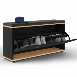 Banc d'entrée noir avec coussin et rangement chaussures