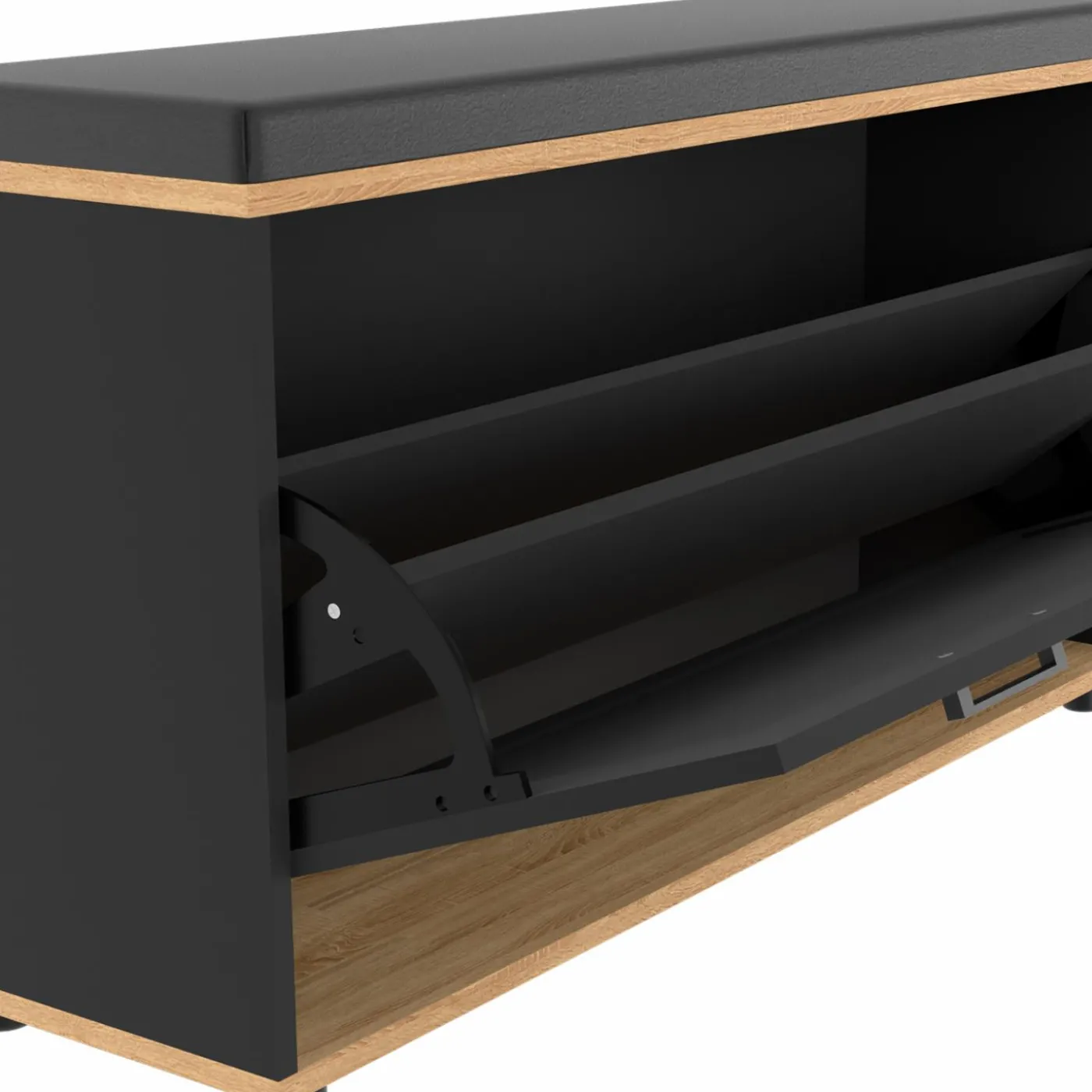 Banc d'entrée noir avec coussin et rangement chaussures