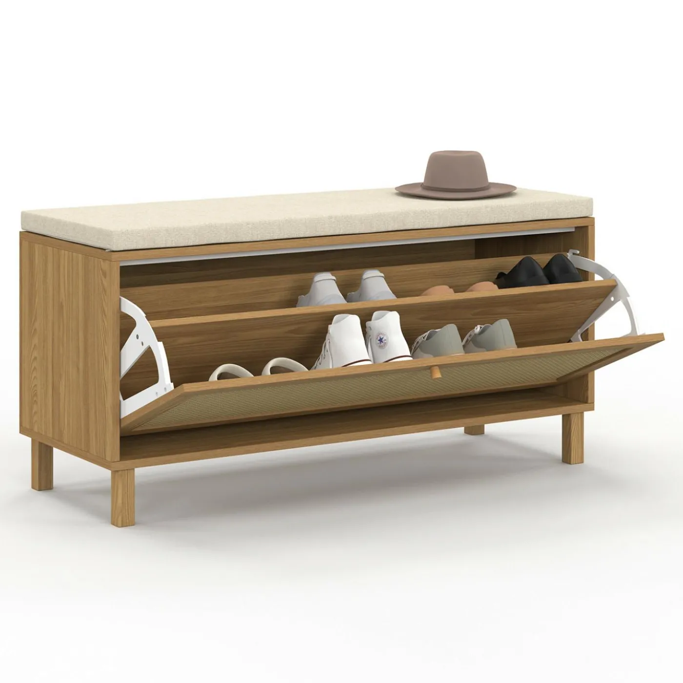 Banc d'entrée vintage avec rangement chaussures effet cannage naturel