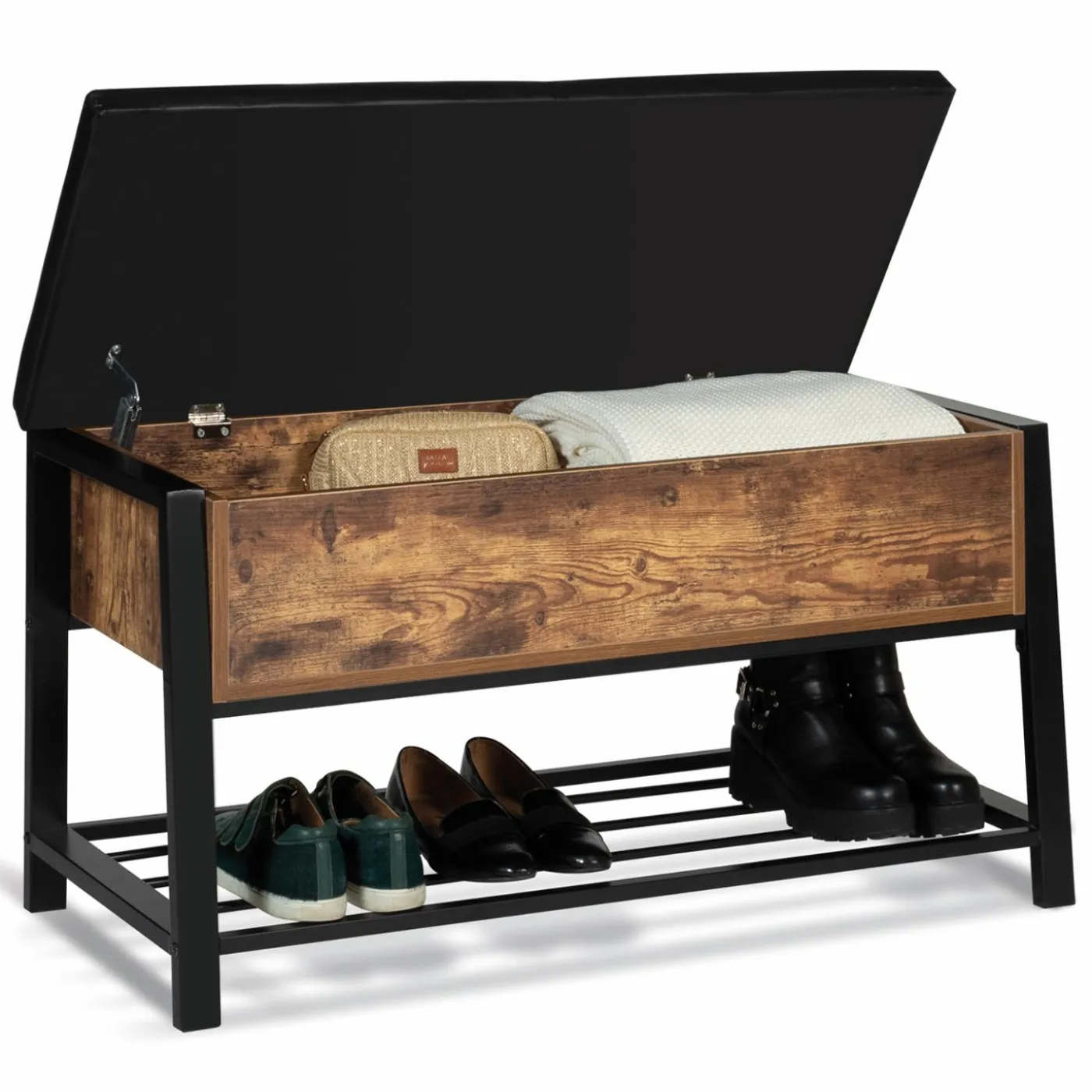 Banquette coffre de rangement bois et métal
