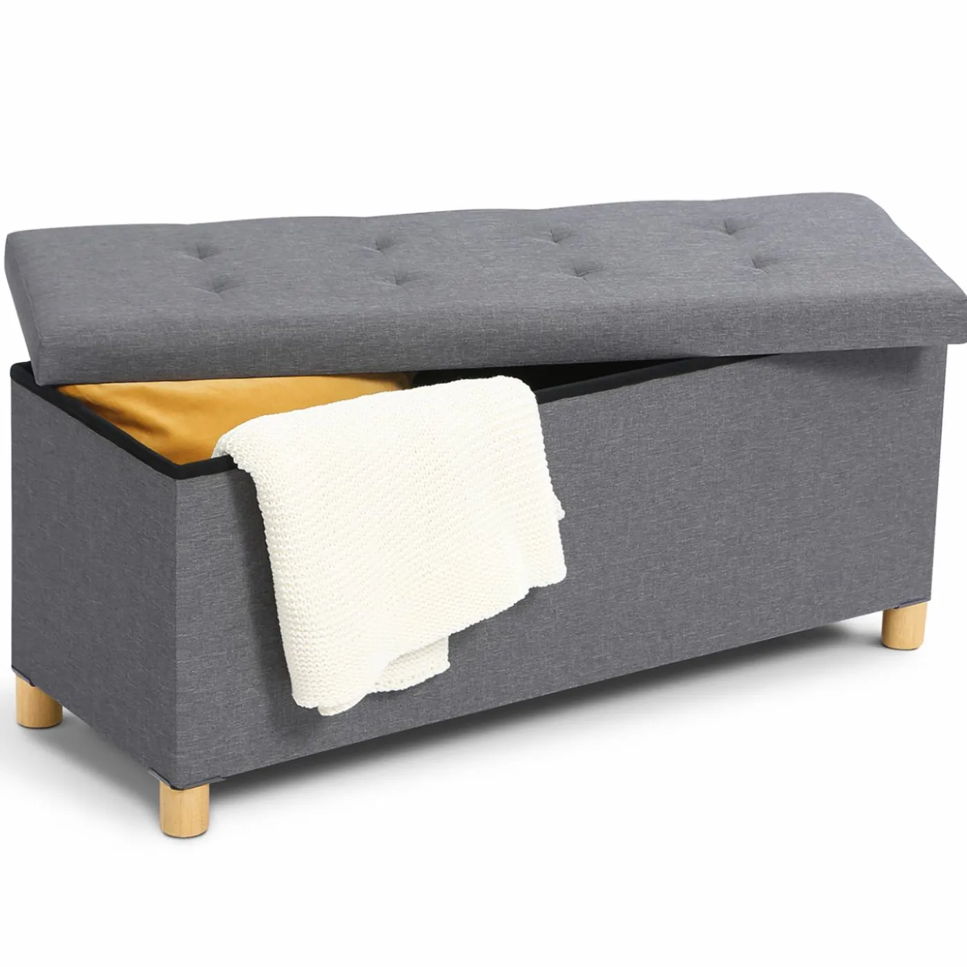 Banquette rangement tissu gris en lin
