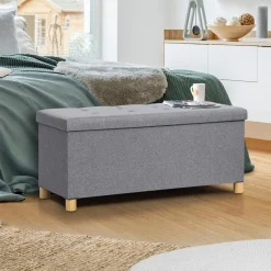 Banquette rangement tissu gris clair en lin