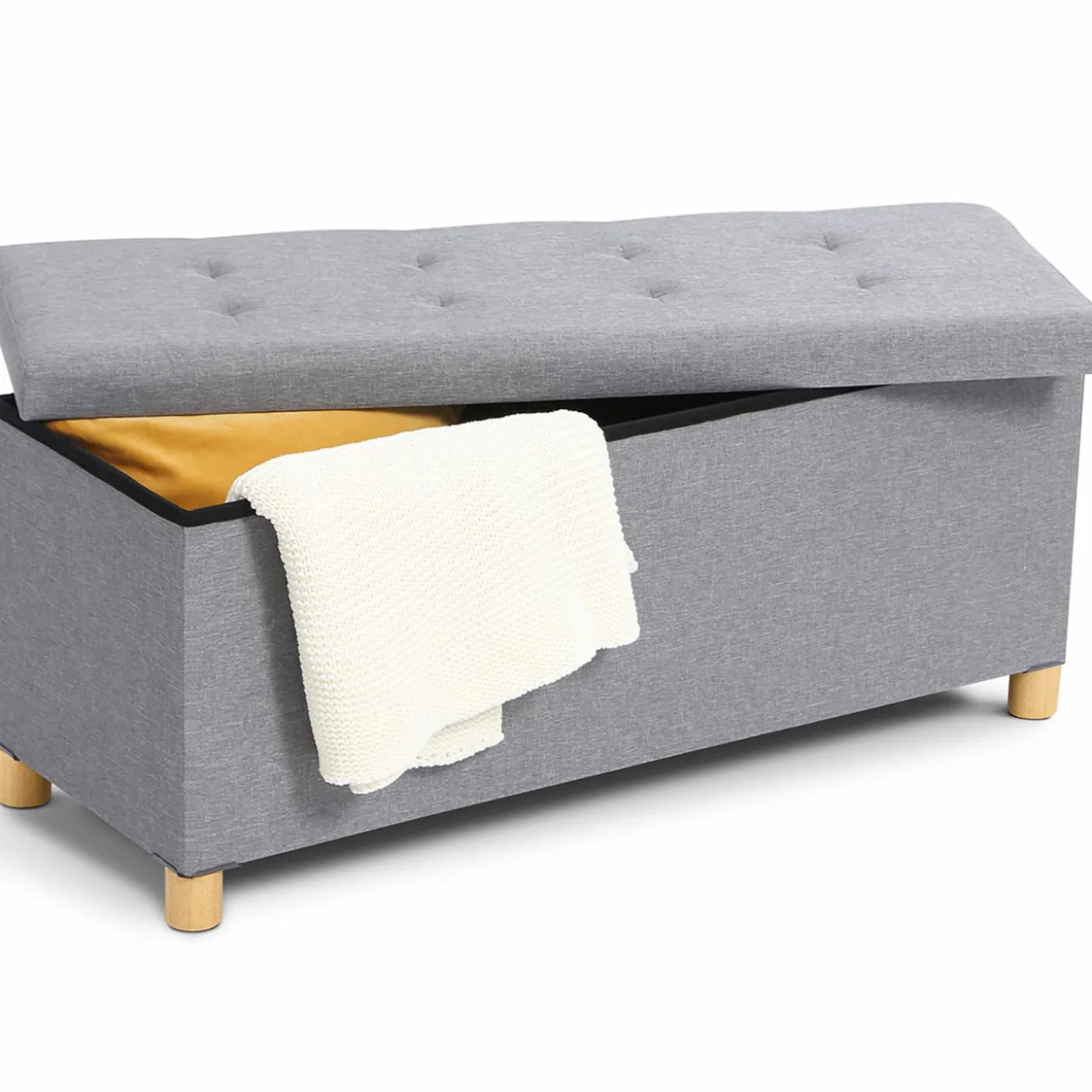 Banquette rangement tissu gris clair en lin