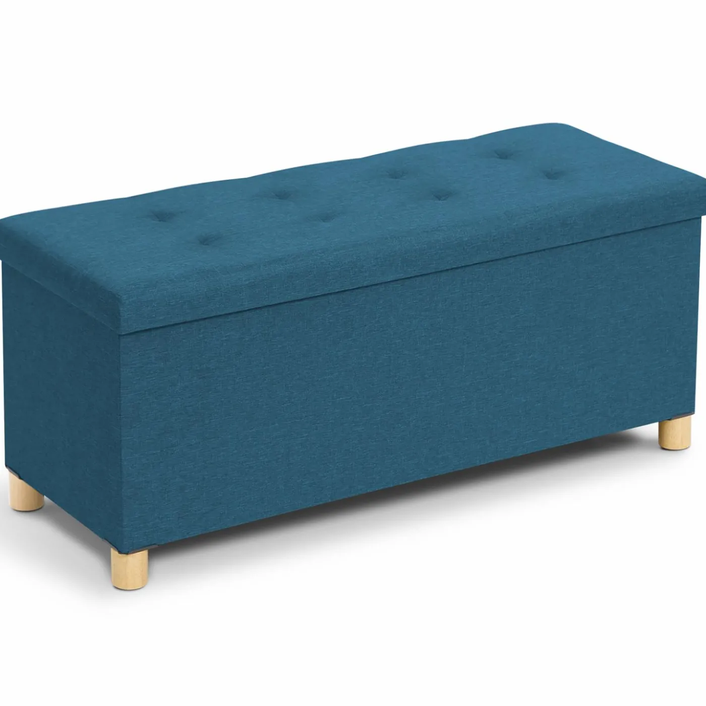 Banquette rangement tissu bleu canard en lin