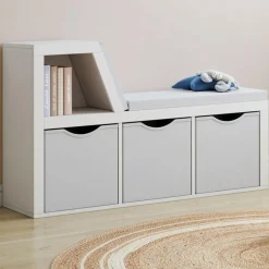Bibliothèque banc blanche bacs en tissu