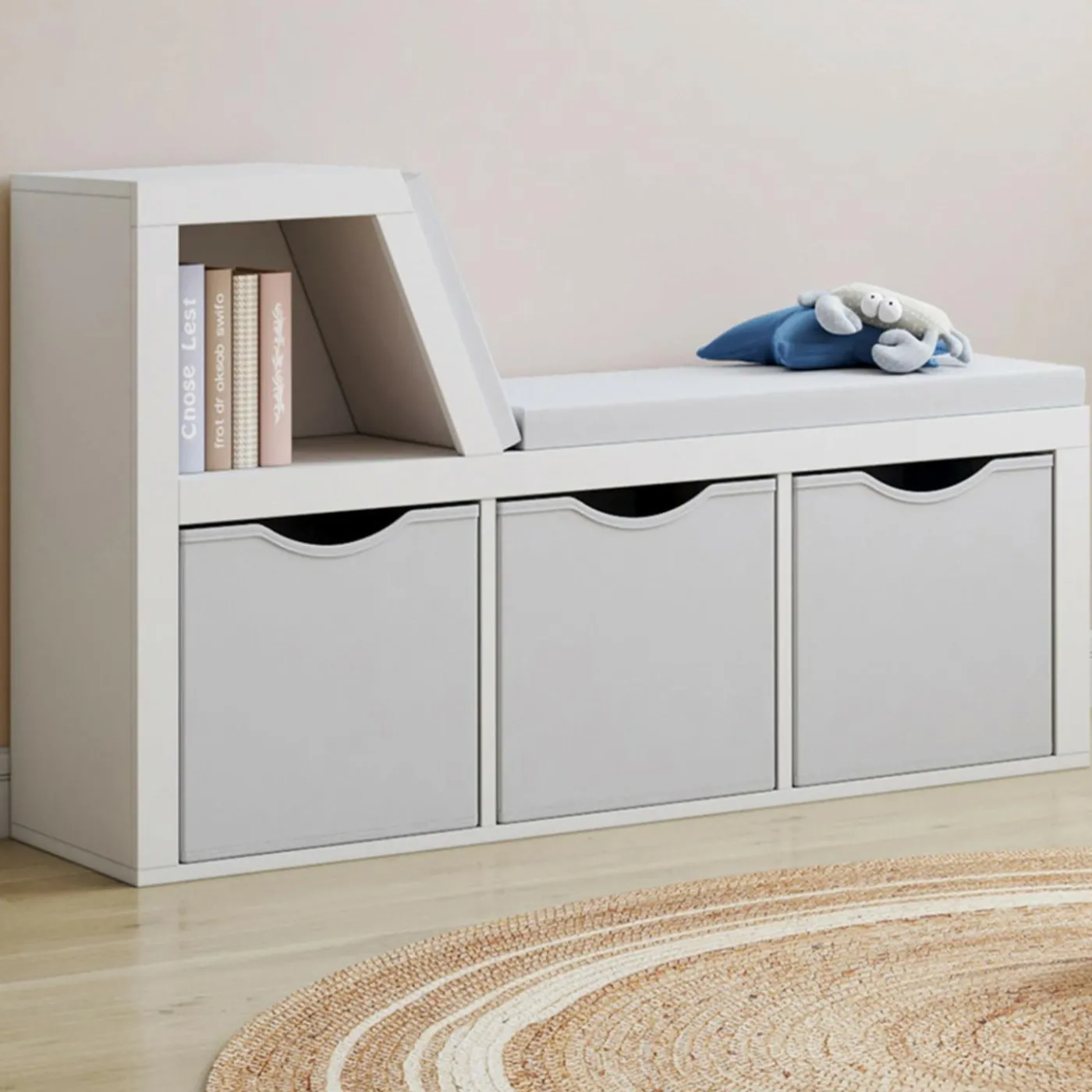 Bibliothèque banc blanche bacs en tissu