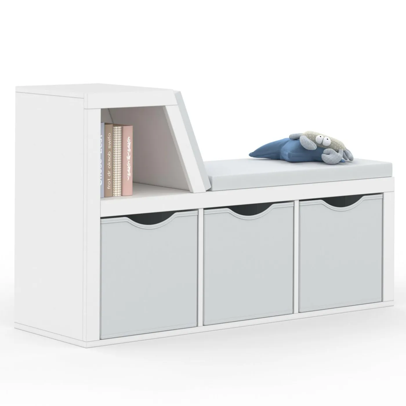 Bibliothèque banc blanche bacs en tissu