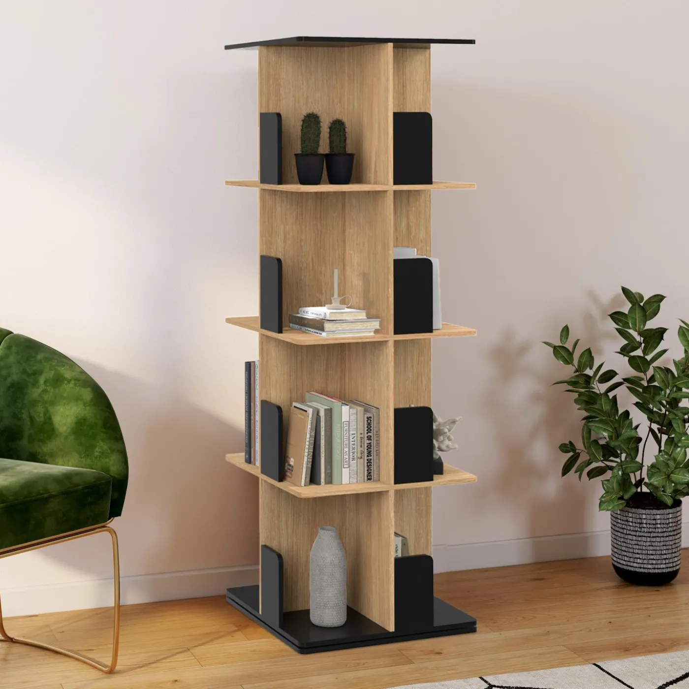 Bibliothèque rotative 4 niveaux noir et effet bois