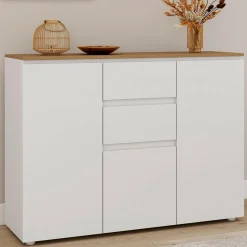 Buffet 100 cm 3 portes 2 tiroirs blanc et plateau bois