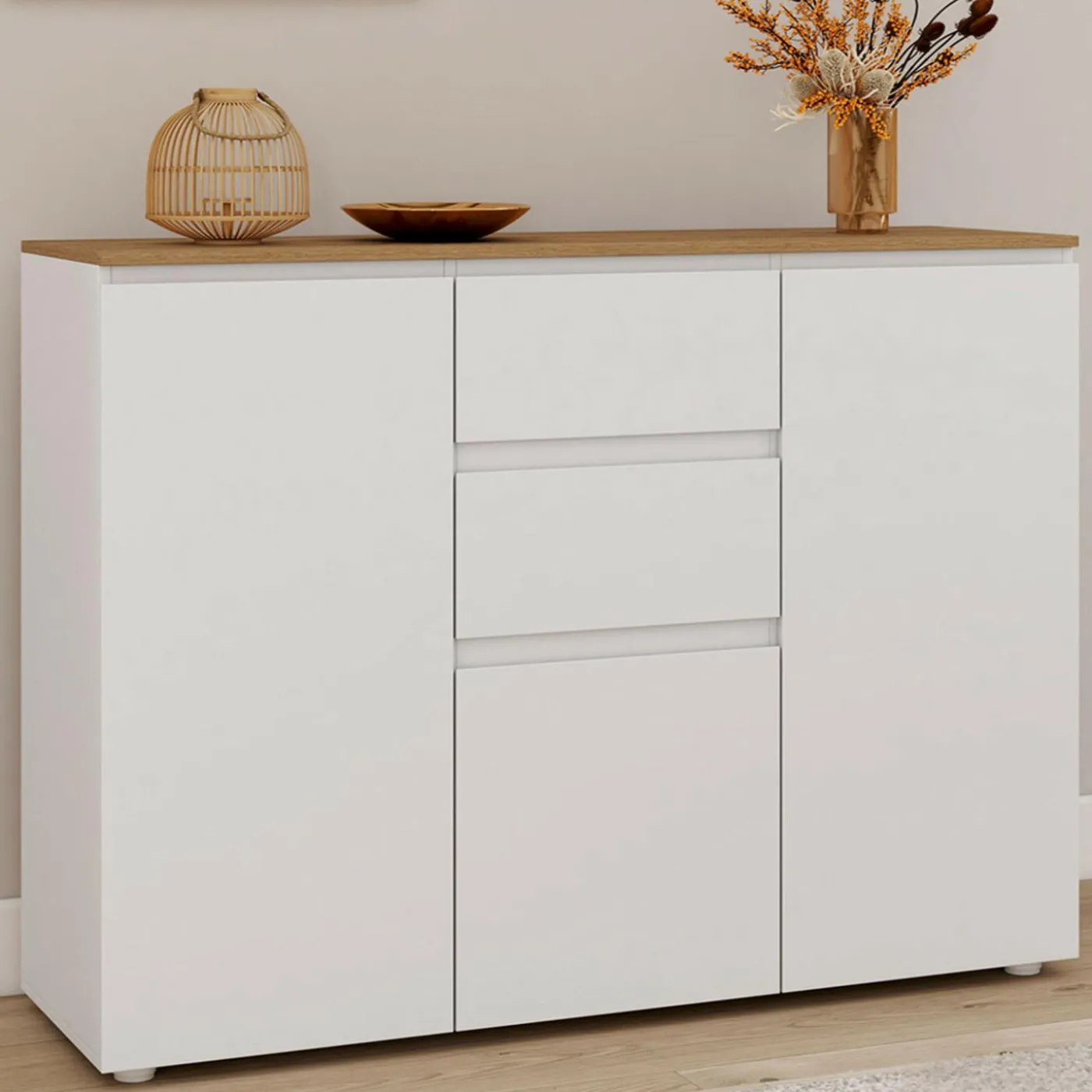Buffet 100 cm 3 portes 2 tiroirs blanc et plateau bois
