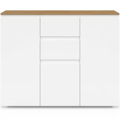 Buffet 100 cm 3 portes 2 tiroirs blanc et plateau bois