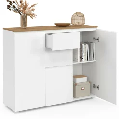 Buffet 100 cm 3 portes 2 tiroirs blanc et plateau bois