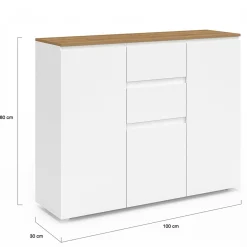 Buffet 100 cm 3 portes 2 tiroirs blanc et plateau bois