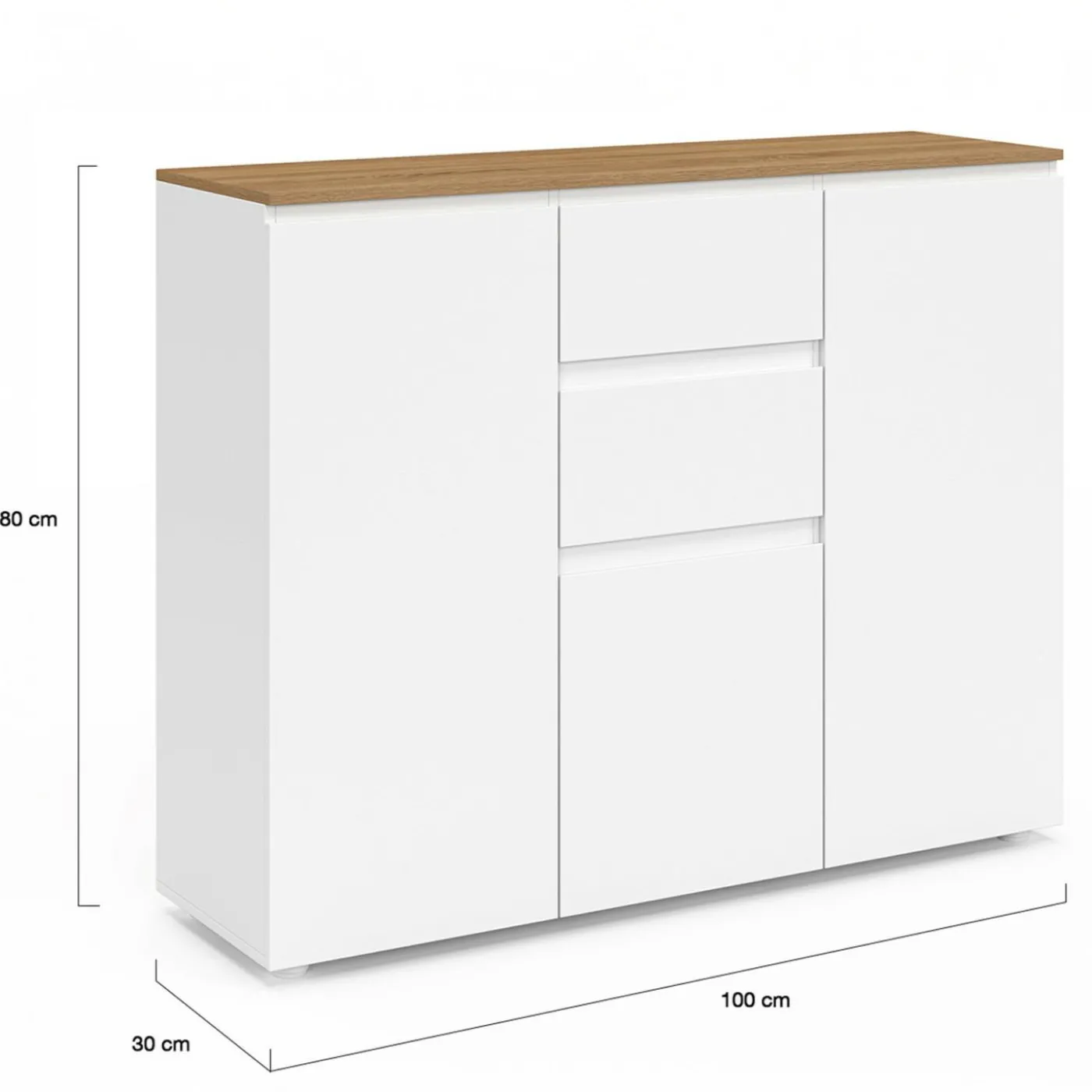 Buffet 100 cm 3 portes 2 tiroirs blanc et plateau bois