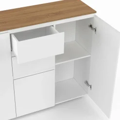 Buffet 100 cm 3 portes 2 tiroirs blanc et plateau bois