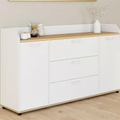 Buffet 140 cm 4 portes avec rebord blanc et plateau bois façon hêtre