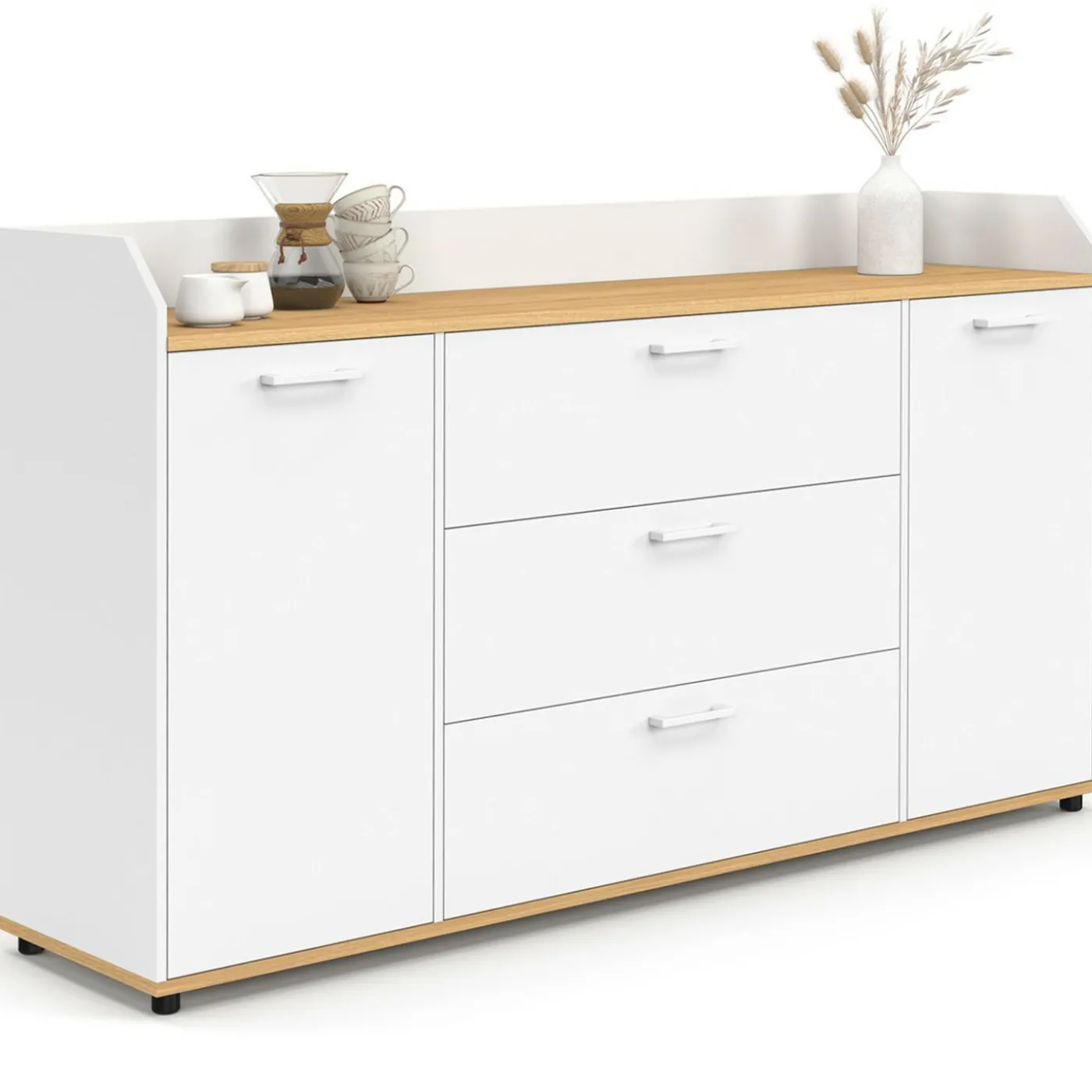 Buffet 140 cm 4 portes avec rebord blanc et plateau bois façon hêtre