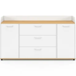 Buffet 140 cm 4 portes avec rebord blanc et plateau bois façon hêtre