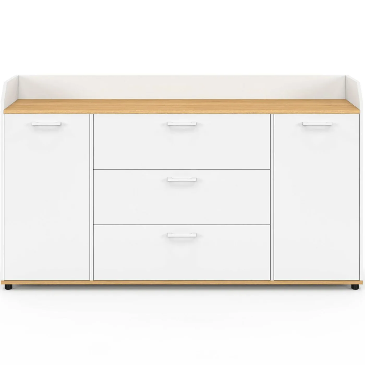 Buffet 140 cm 4 portes avec rebord blanc et plateau bois façon hêtre