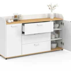 Buffet 140 cm 4 portes avec rebord blanc et plateau bois façon hêtre
