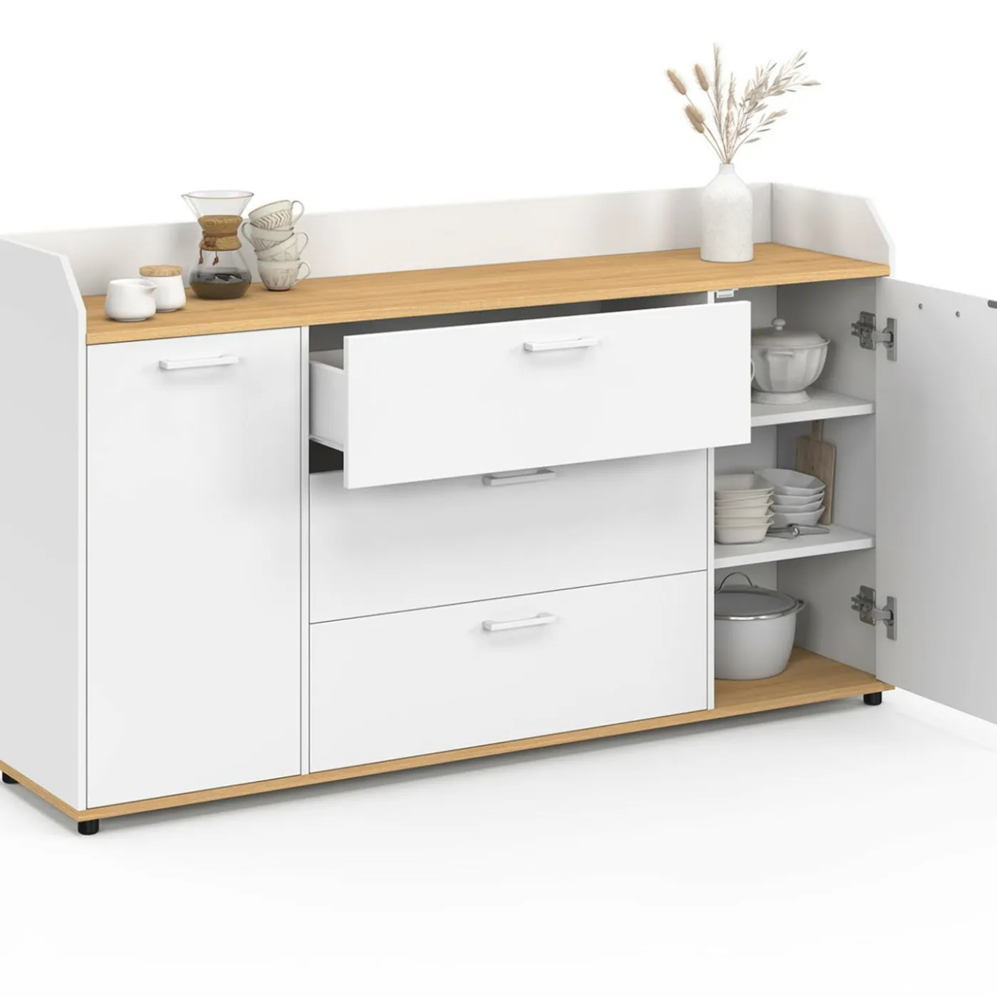 Buffet 140 cm 4 portes avec rebord blanc et plateau bois façon hêtre