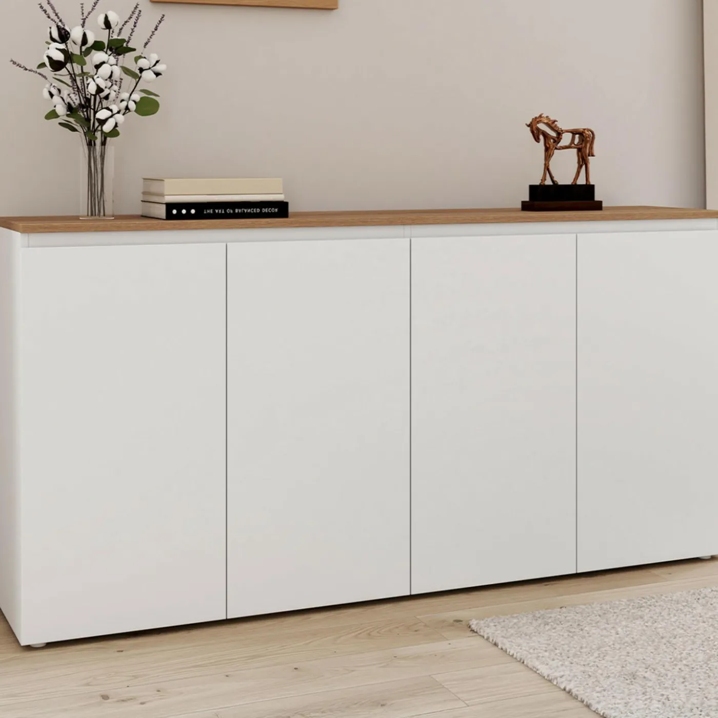 Buffet 160 cm 4 portes blanc et plateau bois