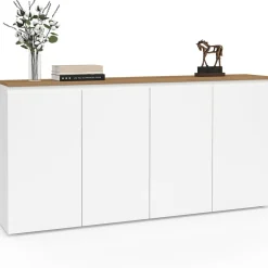 Buffet 160 cm 4 portes blanc et plateau bois