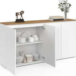 Buffet 160 cm 4 portes blanc et plateau bois