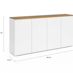 Buffet 160 cm 4 portes blanc et plateau bois