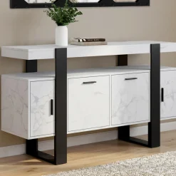 Buffet 140 cm 4 portes effet marbre blanc et noir