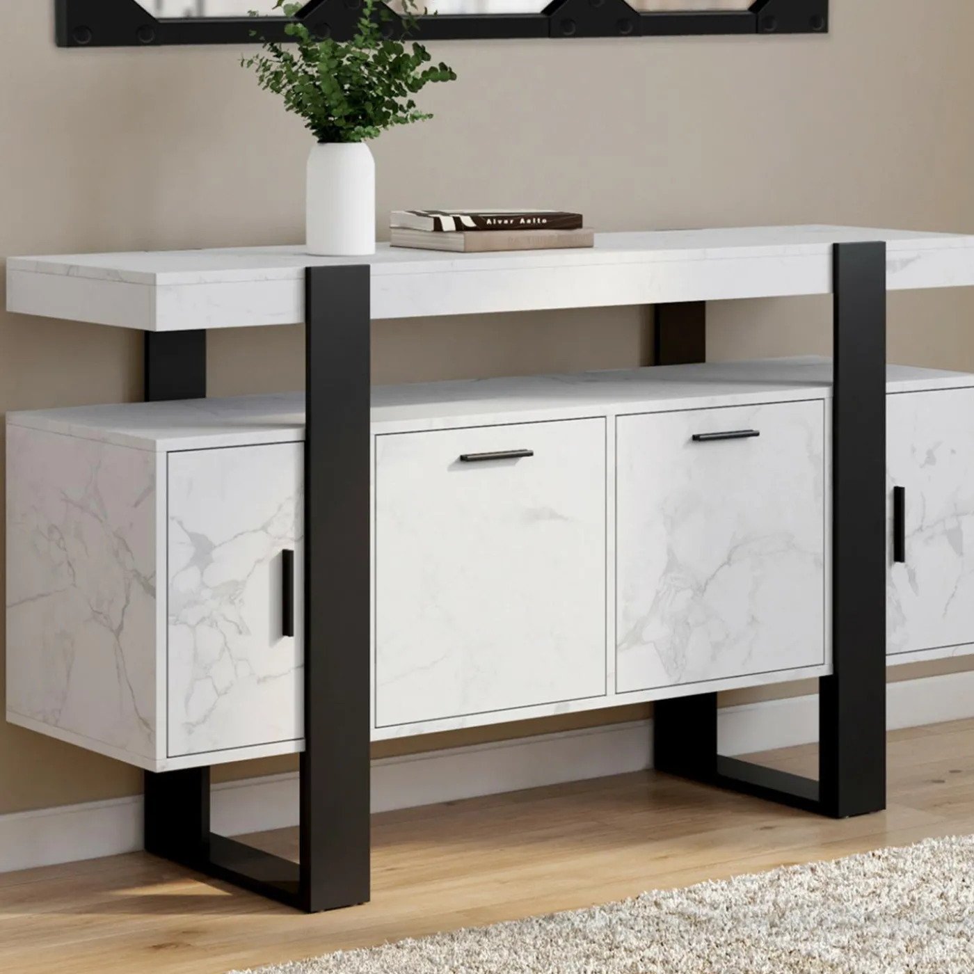Buffet 140 cm 4 portes effet marbre blanc et noir