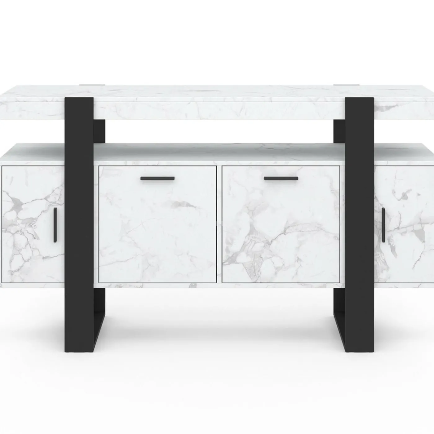 Buffet 140 cm 4 portes effet marbre blanc et noir