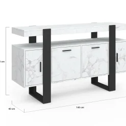 Buffet 140 cm 4 portes effet marbre blanc et noir