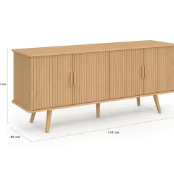 Buffet 140 cm 4 portes lattes tasseau bois coloris chêne design tendance
