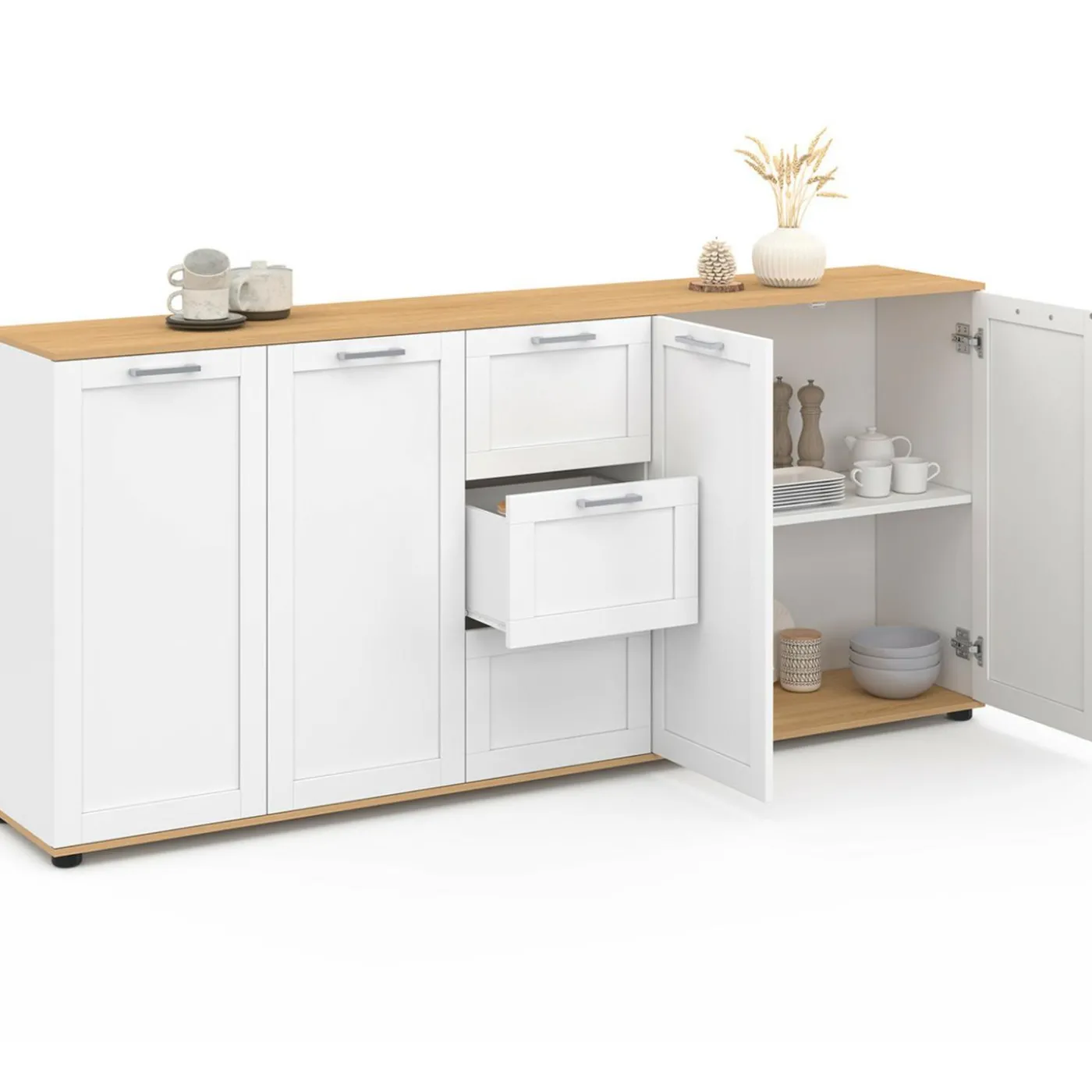 Buffet 180 cm XXL 4 portes avec 3 tiroirs bois et blanc