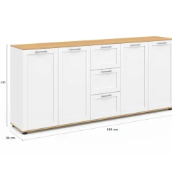 Buffet 180 cm XXL 4 portes avec 3 tiroirs bois et blanc