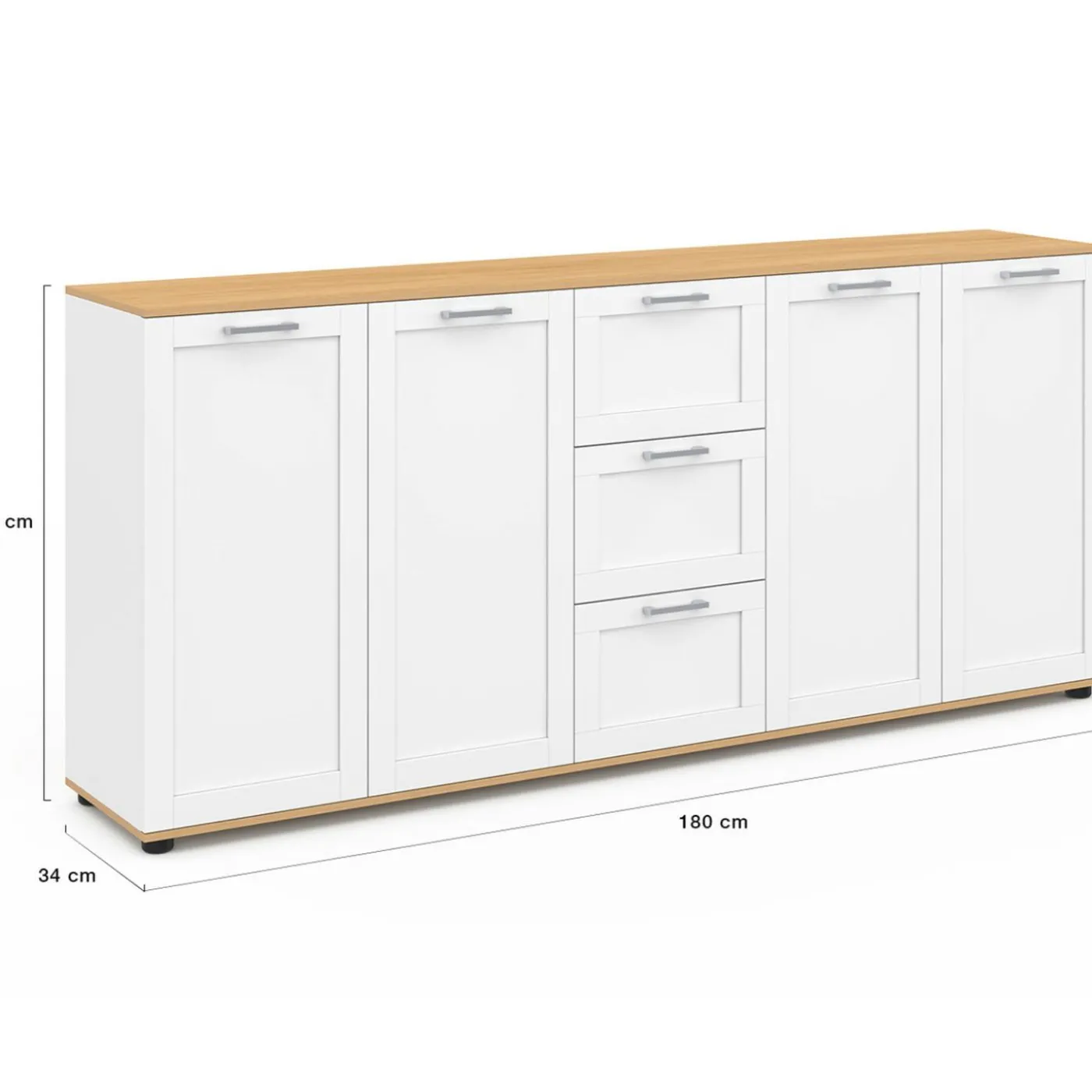Buffet 180 cm XXL 4 portes avec 3 tiroirs bois et blanc