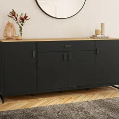 Buffet 180 cm XXL 4 portes et 1 tiroir bois et noir
