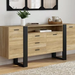 Buffet 180 cm XXL 3 portes et 3 tiroirs avec niche bois et noir