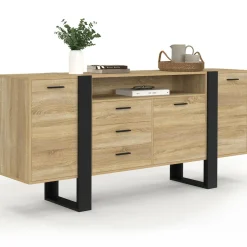 Buffet 180 cm XXL 3 portes et 3 tiroirs avec niche bois et noir