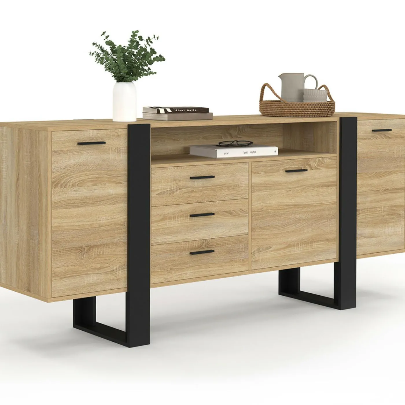 Buffet 180 cm XXL 3 portes et 3 tiroirs avec niche bois et noir