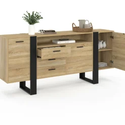 Buffet 180 cm XXL 3 portes et 3 tiroirs avec niche bois et noir