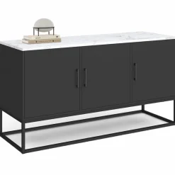 Buffet bas 113 cm 3 portes noires plateau effet marbre blanc