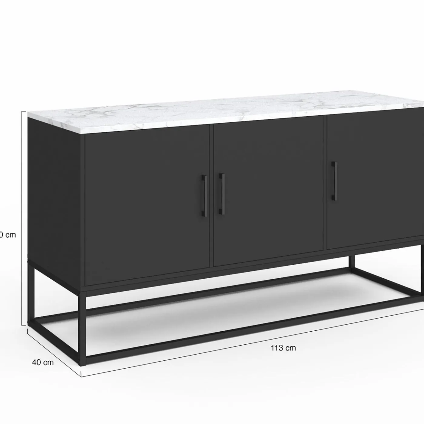 Buffet bas 113 cm 3 portes noires plateau effet marbre blanc